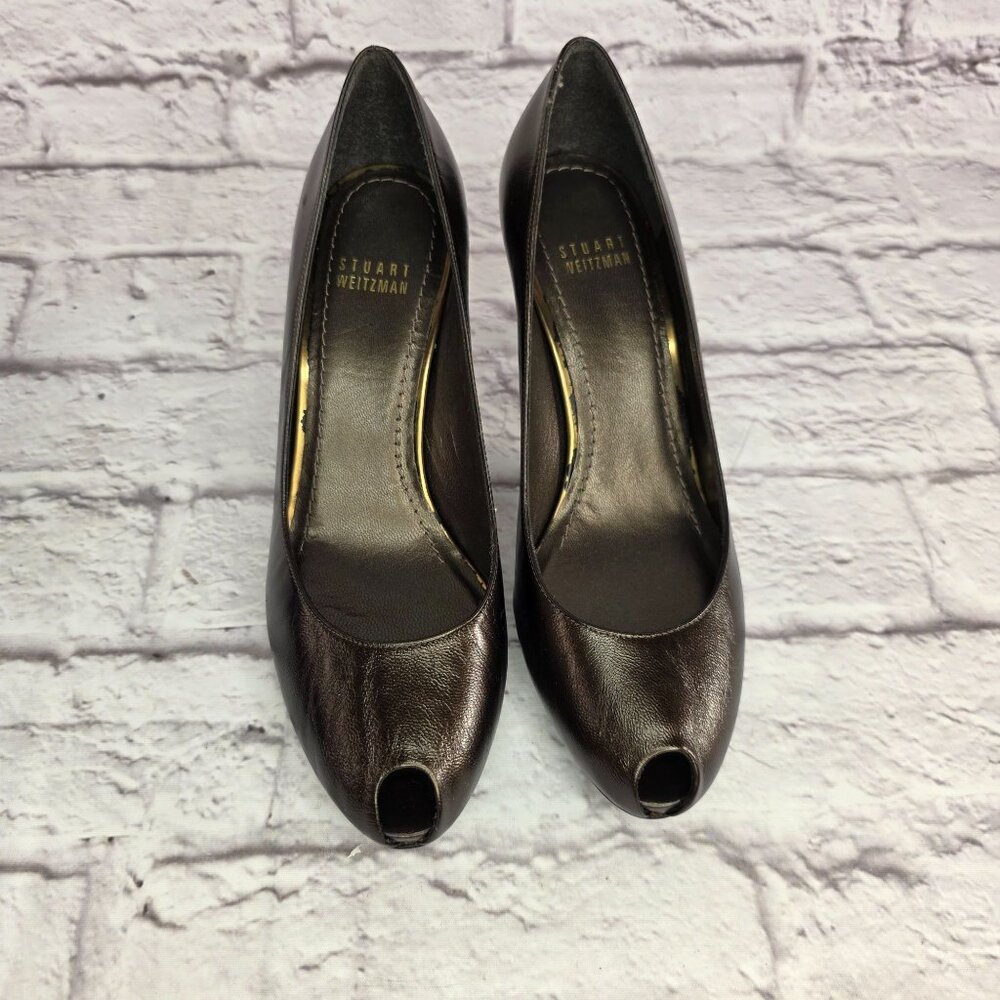 Stuart Weitzman Womens Shoes Sz 8 Cafe Pearl Leather Peep Toe High Heel Pumps - Picture 3 of 13